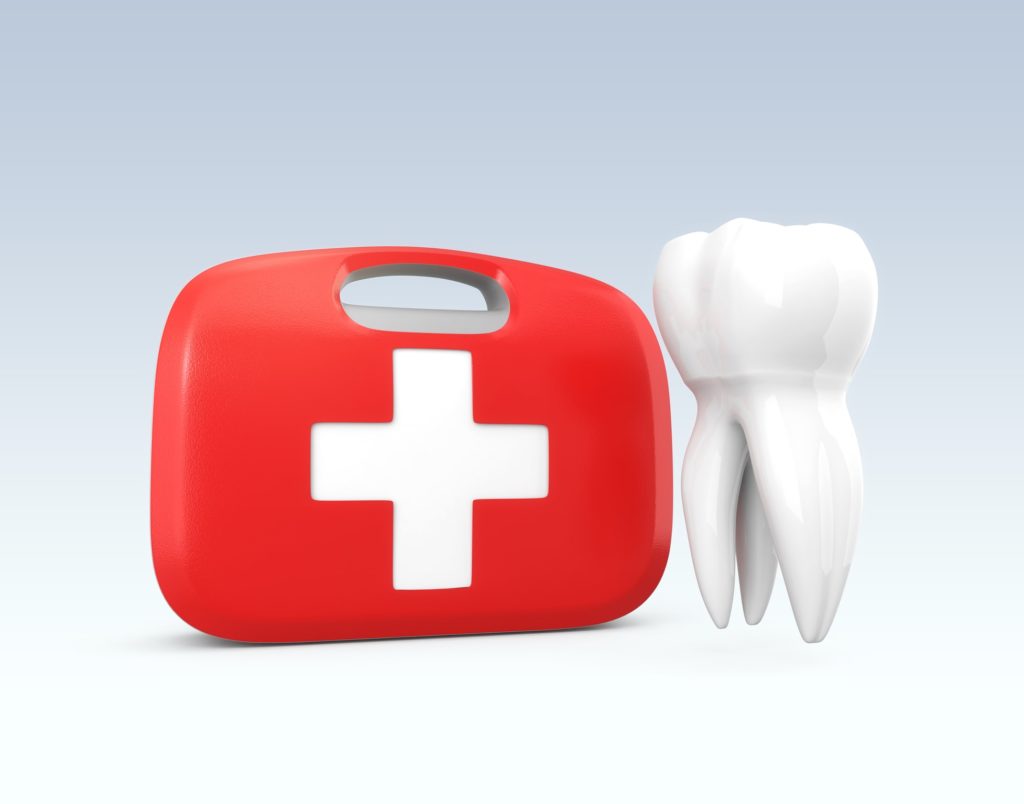 Illustration of a red first aid kit with a white tooth beside it