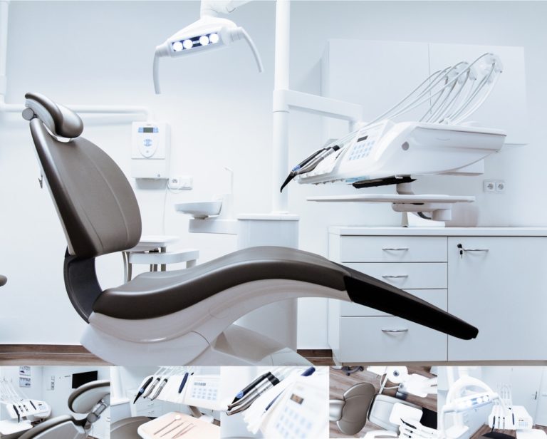 A dental exam chair with detail images of dental tools underneath