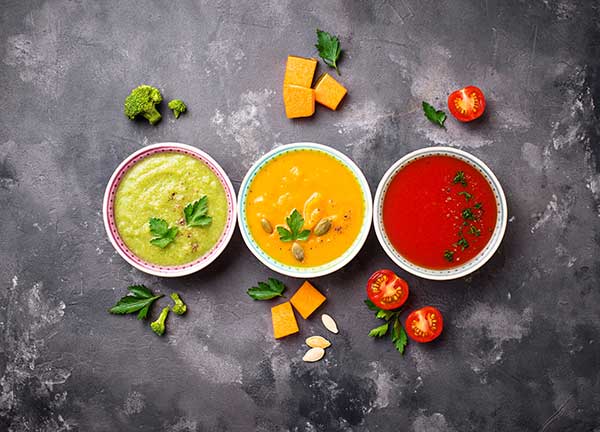 display of three different soups